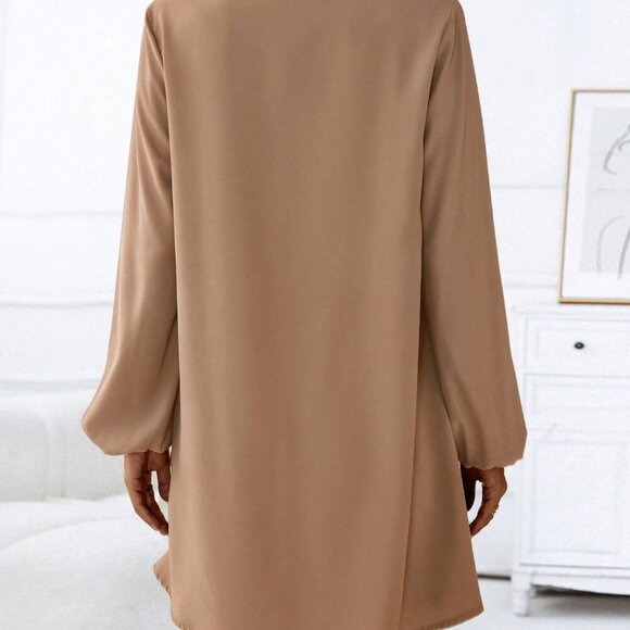 Khaki Casual Women's Notched Neckline Lantern Sleeve Dress - Picture 2 of 6
